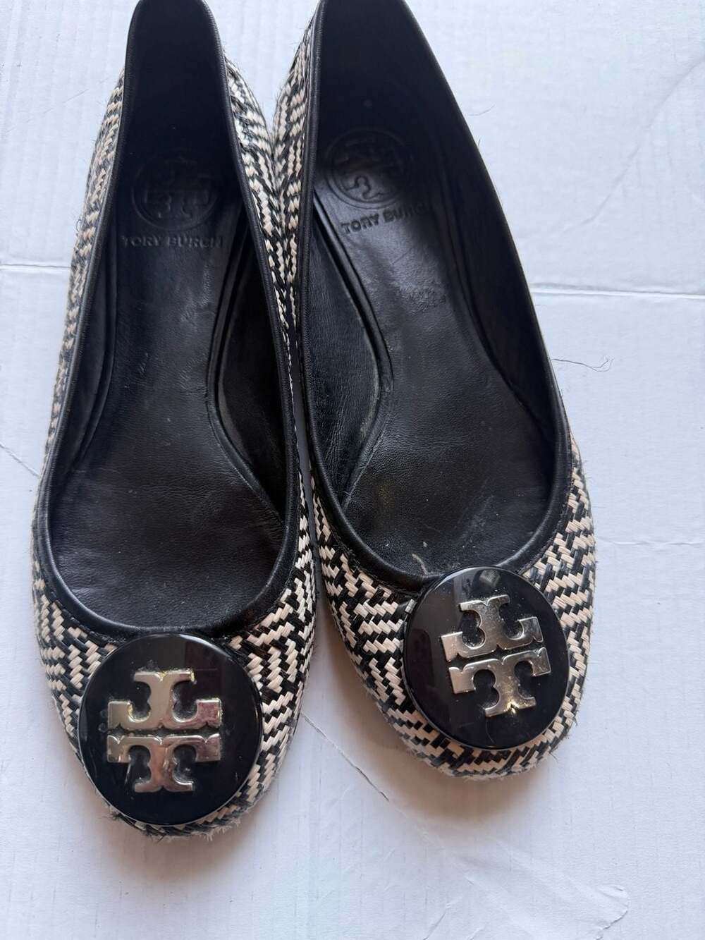 Tory Burch Reva Black and White Woven Ballet Flats with Silver Logo Medallion